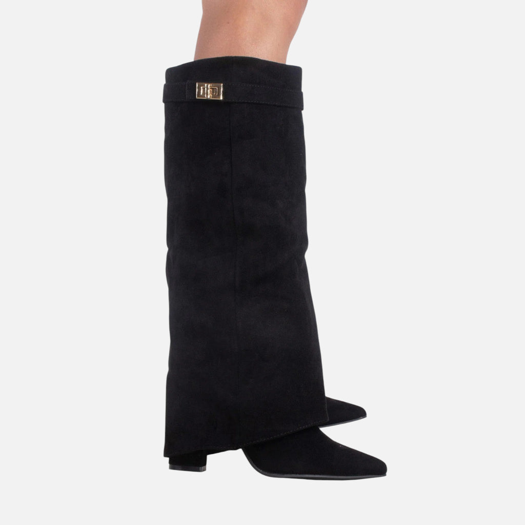 Beaumont Atelier | Women’s Faux‑Suede Knee‑High Boot – Black Classic Buckle