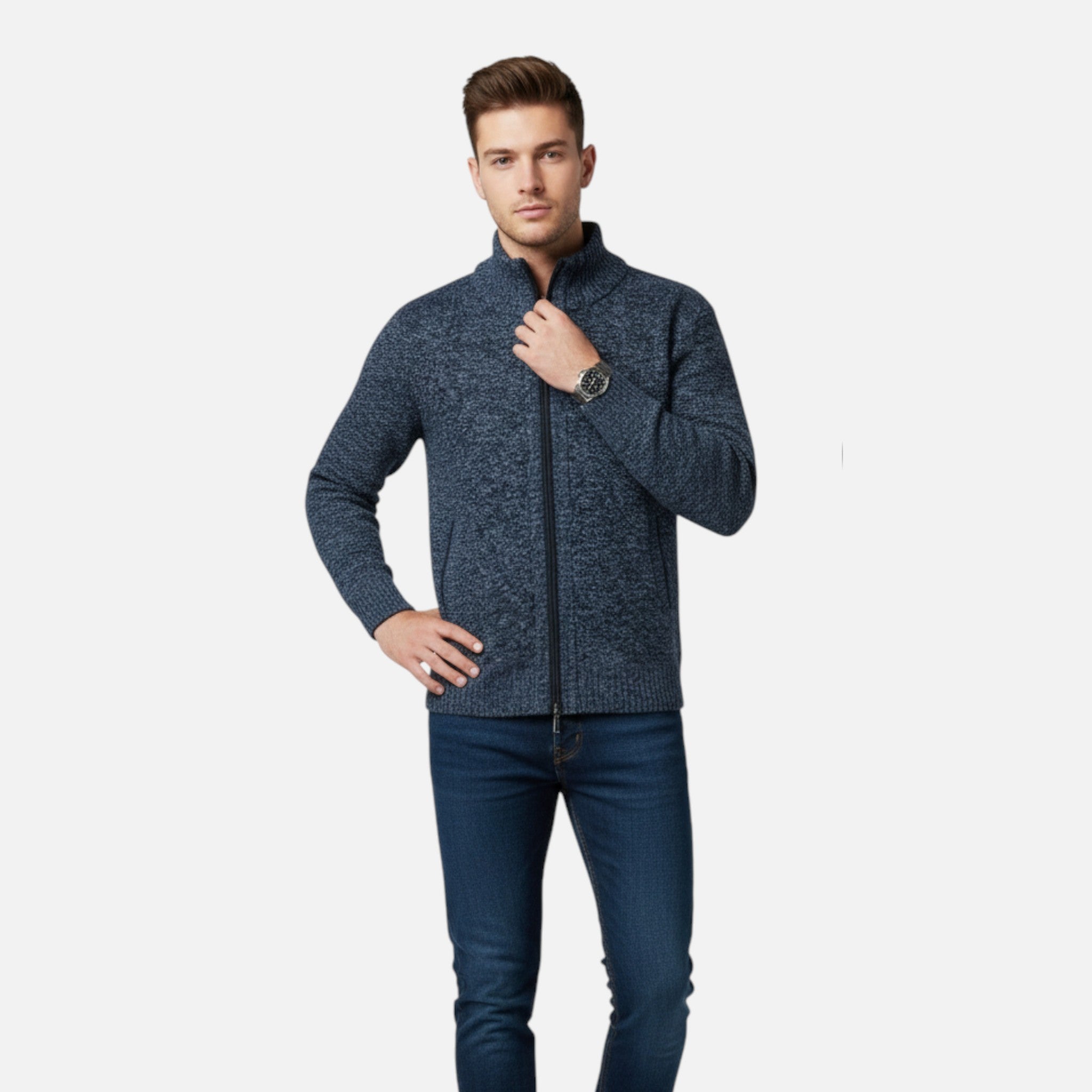 Beaumont Atelier | Men’s Zip‑Up Stand‑Collar Cardigan, Heritage Knit