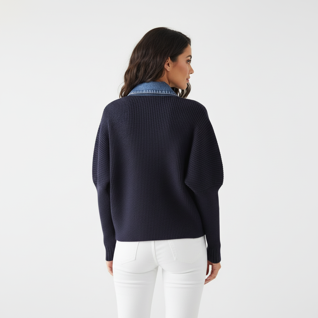 Beaumont Atelier | Women’s Navy Knit Cardigan with Denim Trim