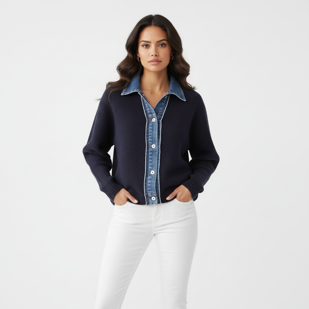 Beaumont Atelier | Women’s Navy Knit Cardigan with Denim Trim
