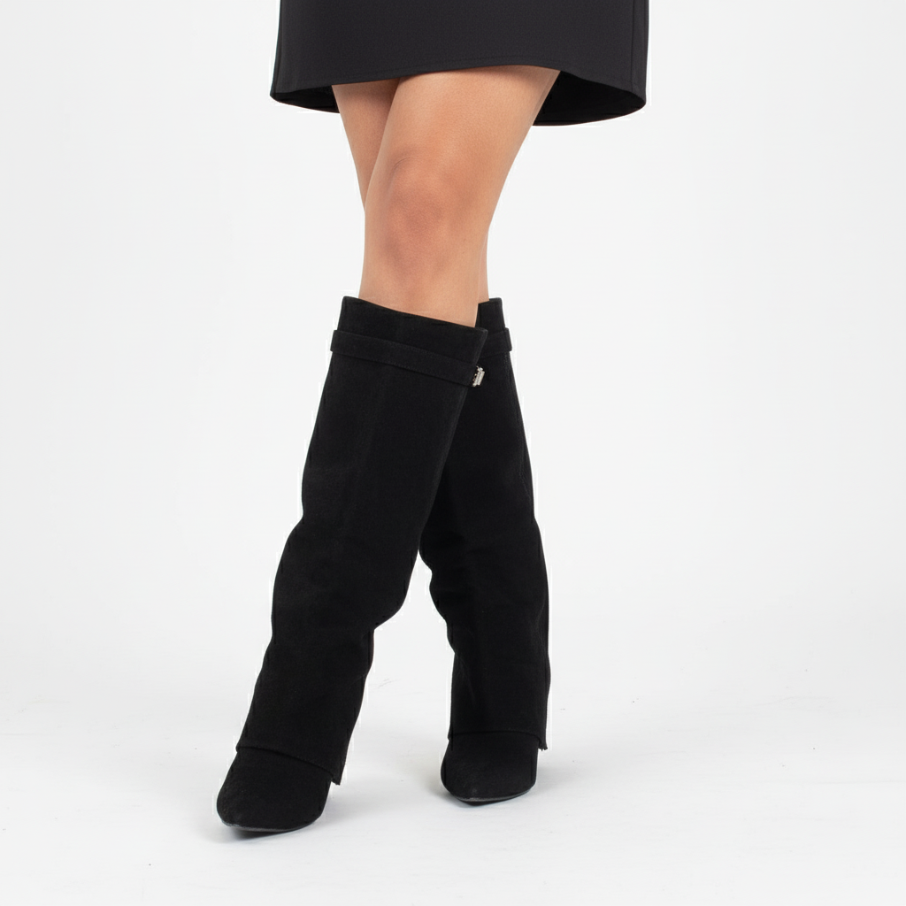 Beaumont Atelier | Women’s Faux‑Suede Knee‑High Boot – Black Classic Buckle