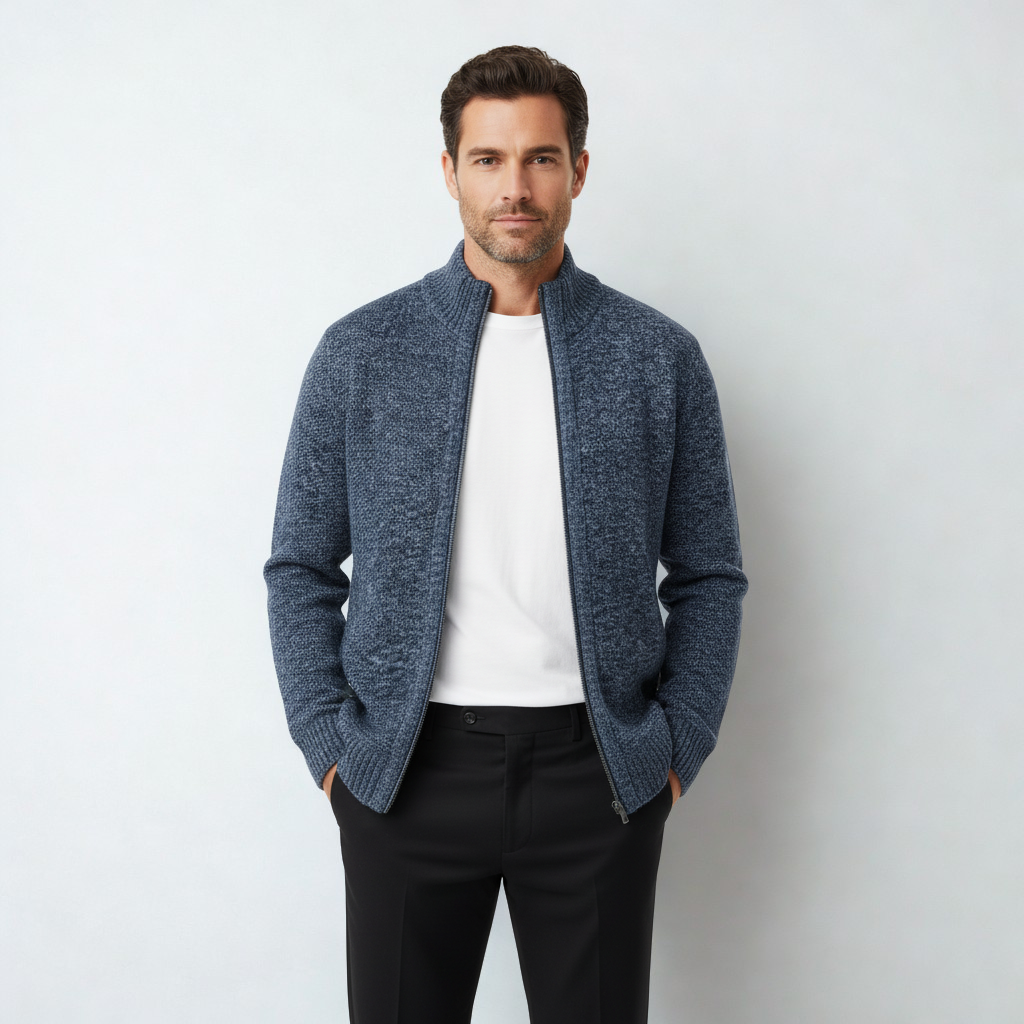 Beaumont Atelier | Men’s Zip‑Up Stand‑Collar Cardigan, Heritage Knit