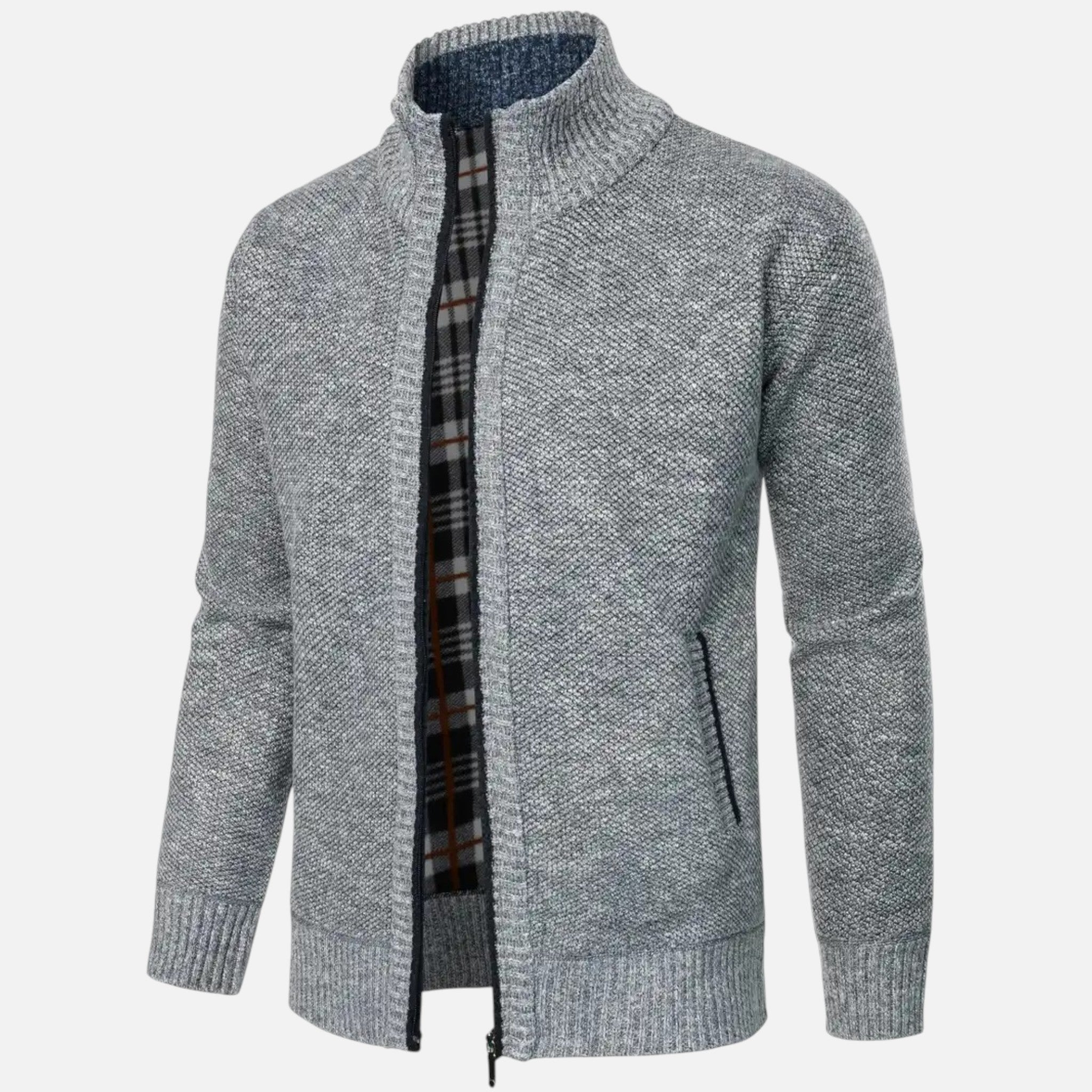 Beaumont Atelier | Men’s Zip‑Up Stand‑Collar Cardigan, Heritage Knit