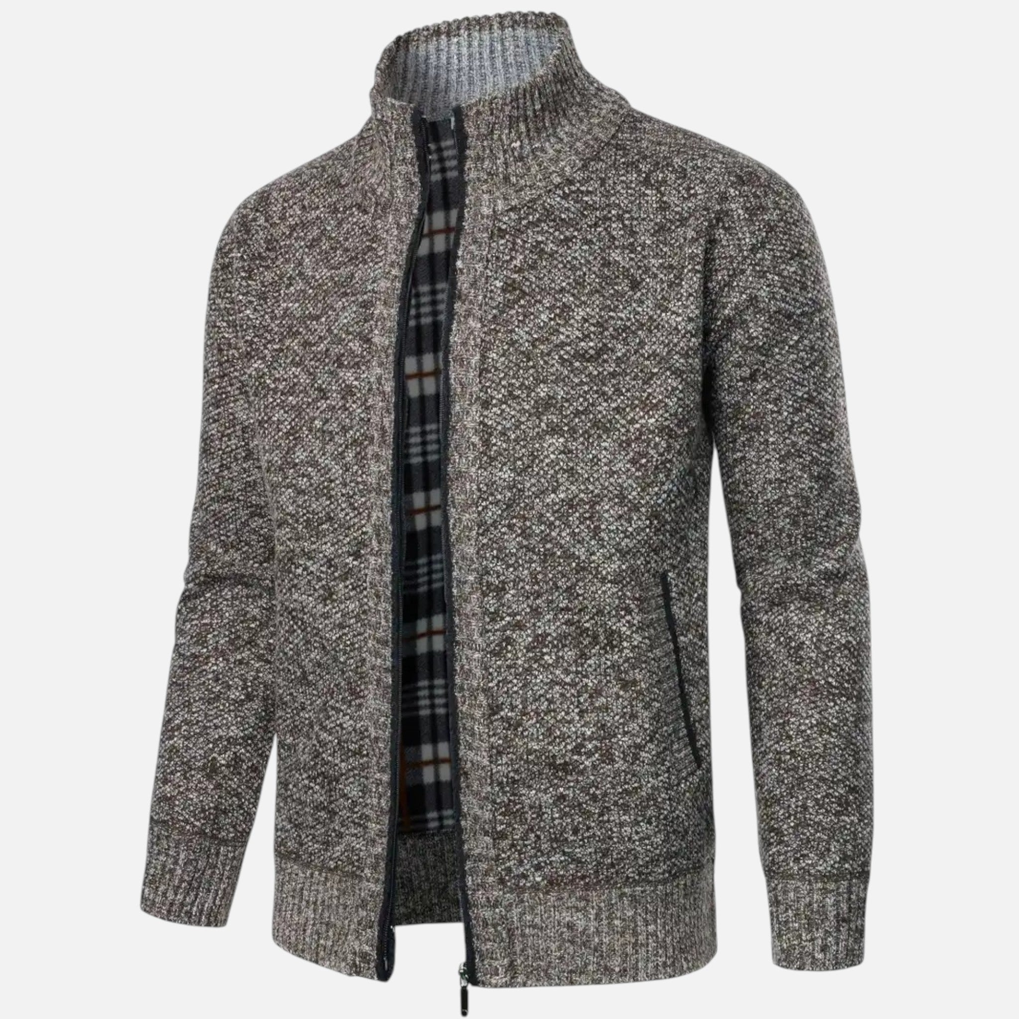 Beaumont Atelier | Men’s Zip‑Up Stand‑Collar Cardigan, Heritage Knit